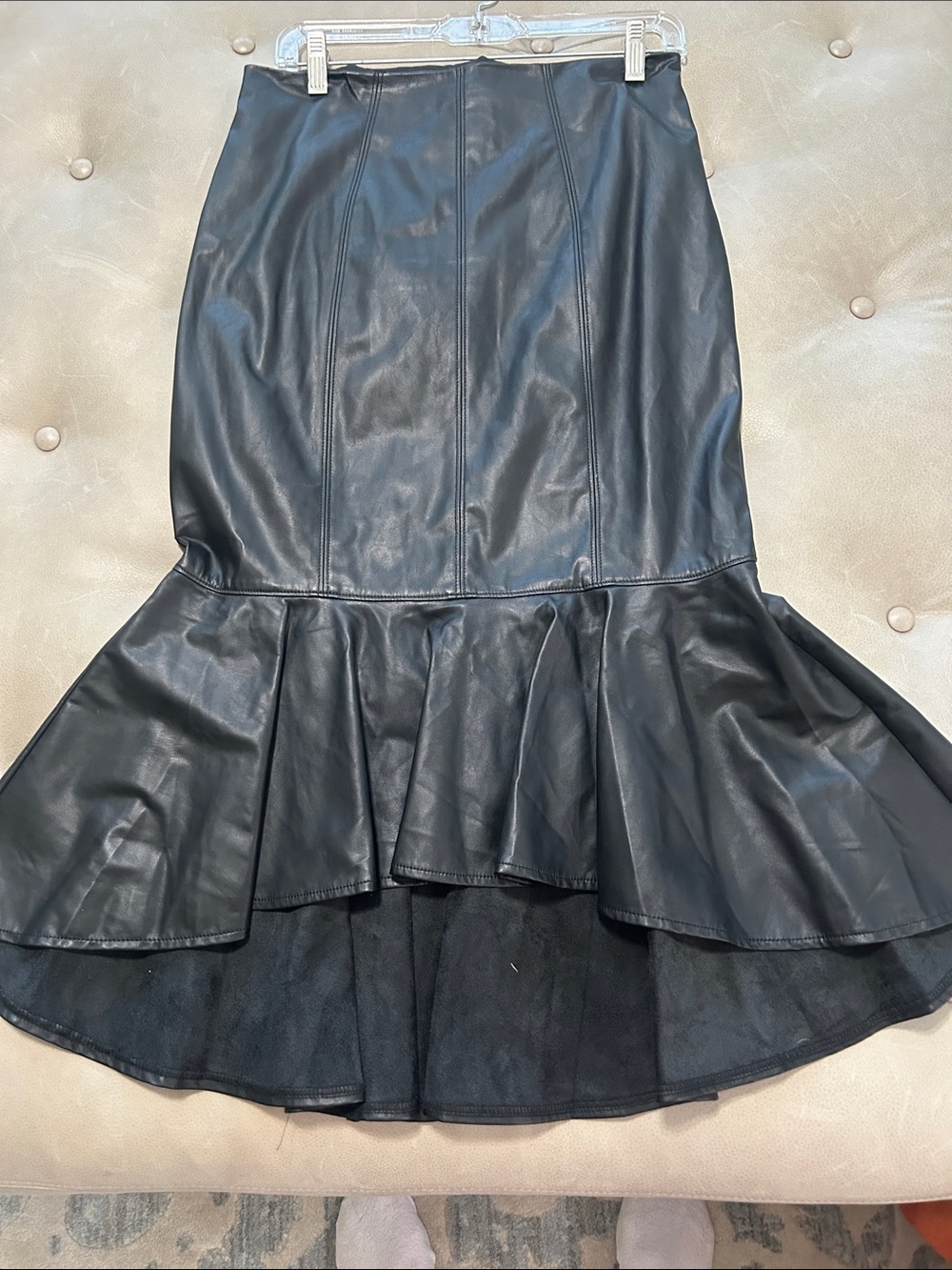 Black Faux Leather Flared Hem Skirt